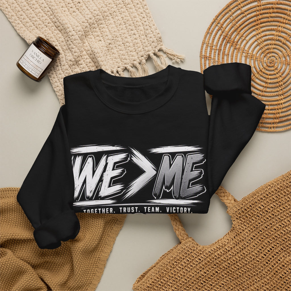 Crewneck Sweatshirt — 'We > Me' Team Basketball Graphic