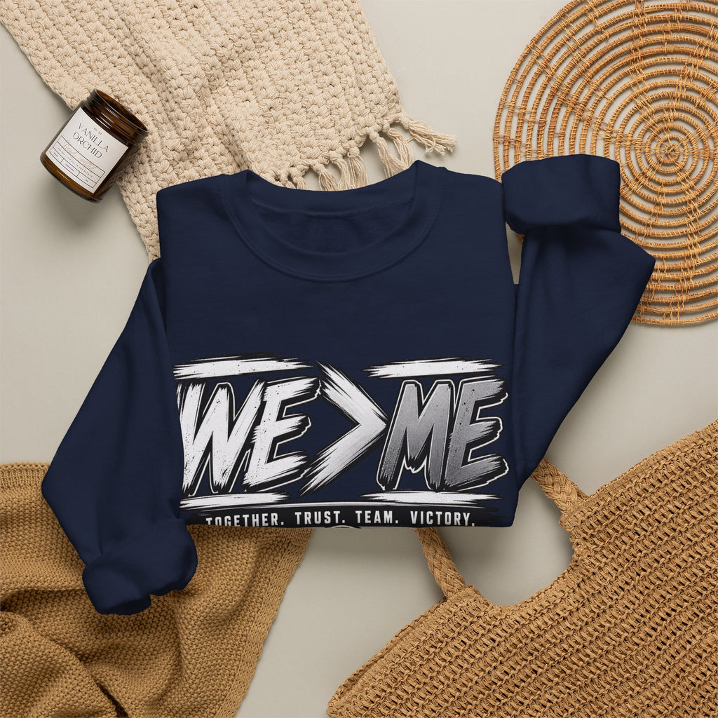 Crewneck Sweatshirt — 'We > Me' Team Basketball Graphic