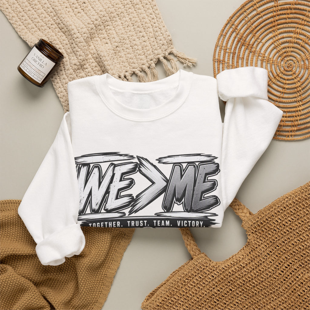 Crewneck Sweatshirt — 'We > Me' Team Basketball Graphic