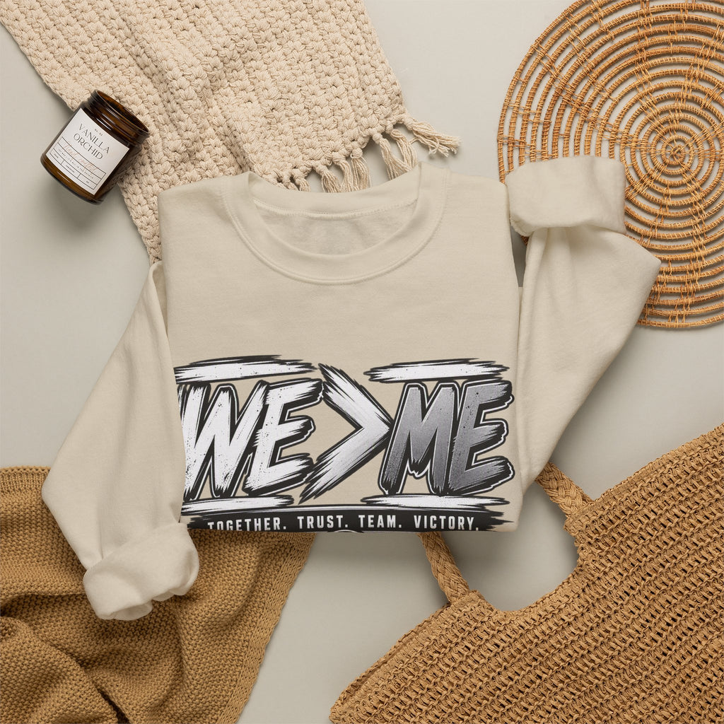 Crewneck Sweatshirt — 'We > Me' Team Basketball Graphic