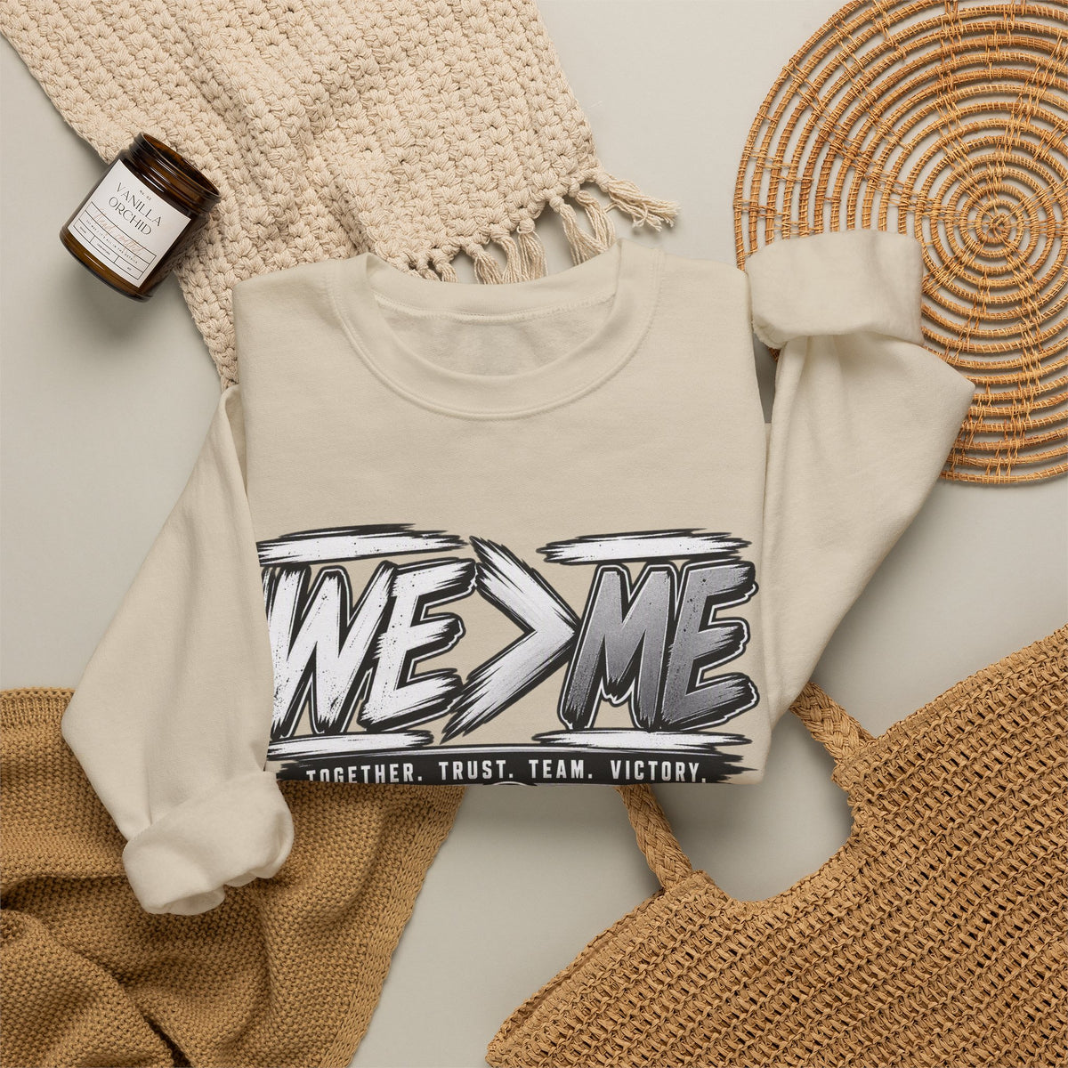 Crewneck Sweatshirt — 'We > Me' Team Basketball Graphic
